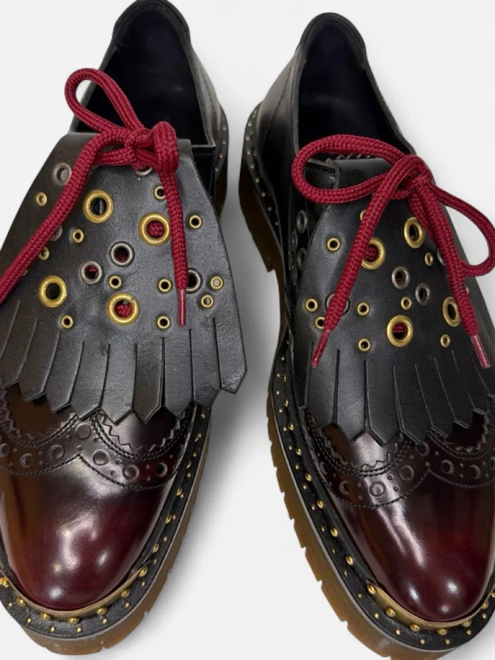 Burberry Black & Burgundy Platform Brogue Oxfords with Gold Accents